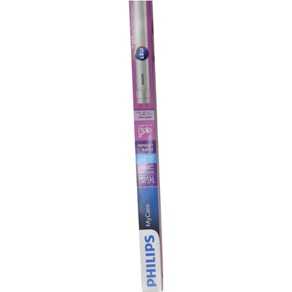 A Philips LED tube light in its original retail packaging, featuring a purple and blue label with product details and the Philips logo.