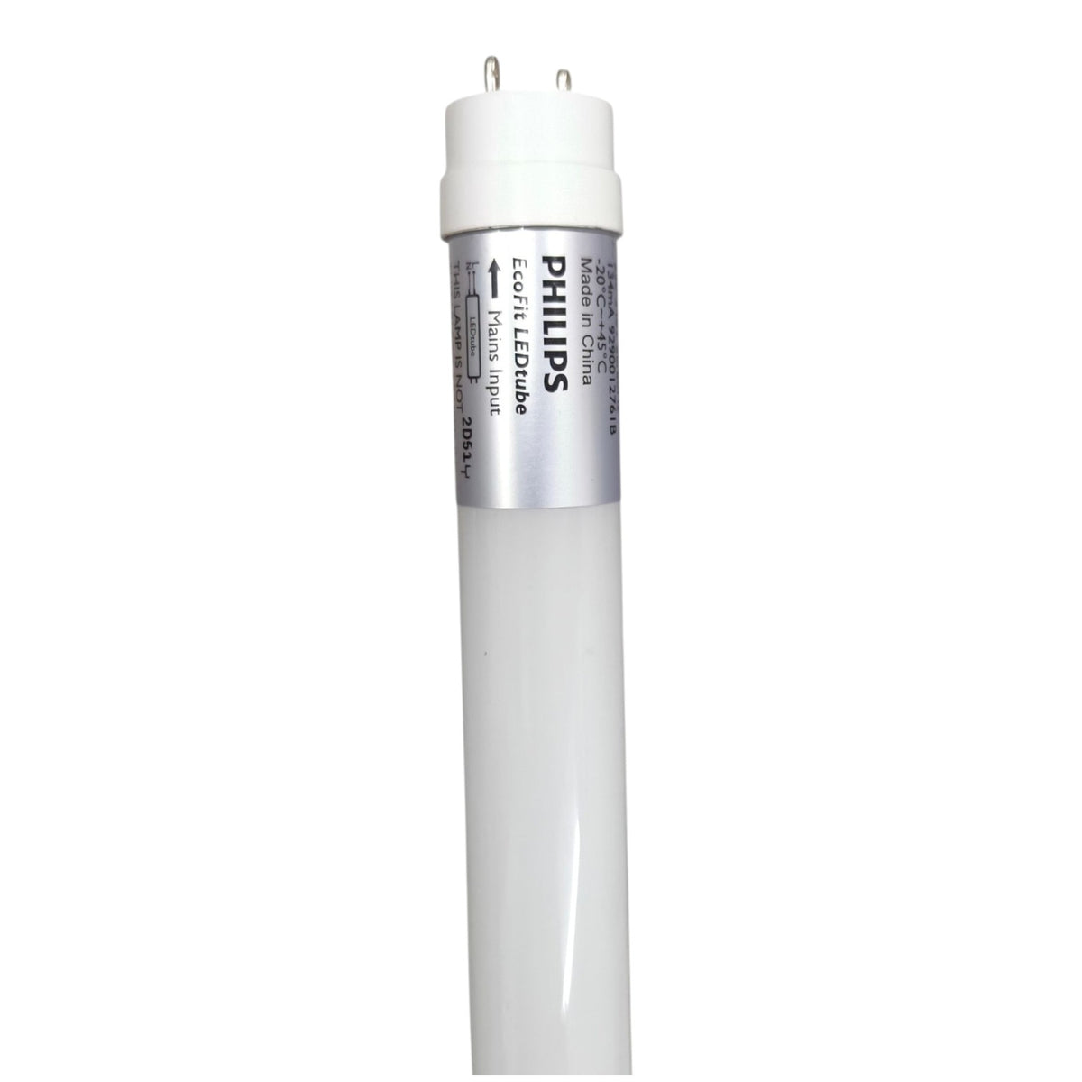 A Philips LED tube light with a white cylindrical body, a white two-pin cap, and a silver label, shown against a plain white background.