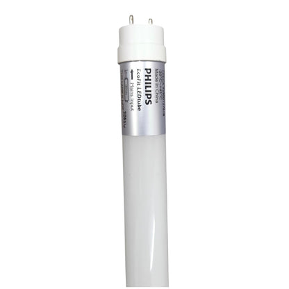 A Philips LED tube light with a white cylindrical body, a white two-pin cap, and a silver label, shown against a plain white background.