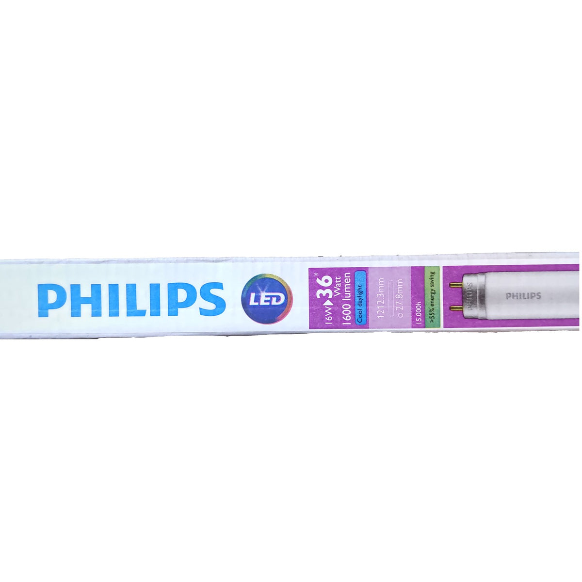 PHILIPS LED tube light in its original white cardboard packaging with blue, purple, and green labels, shown against a plain white background.