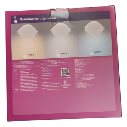 Back of a pink packaging box for lighting equipment with text and images of light bulbs.