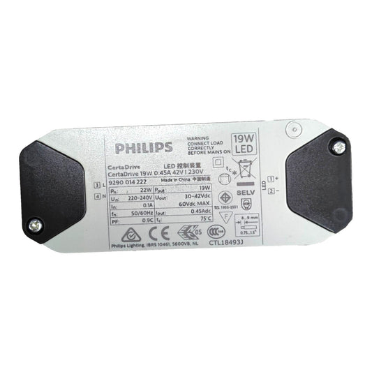 Philips CartaDrive 19W LED driver control module, model S280 042-222, featuring a silver metal casing with black rubberized end caps and printed technical specifications.