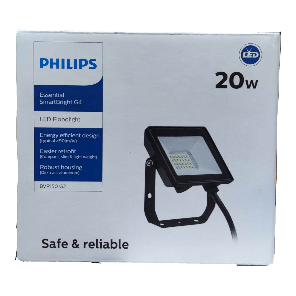 Philips LED floodlight packaging on a white background