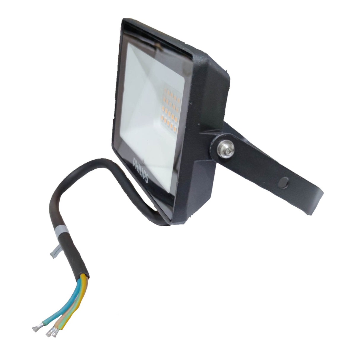 Black outdoor flood light with wiring on a white background