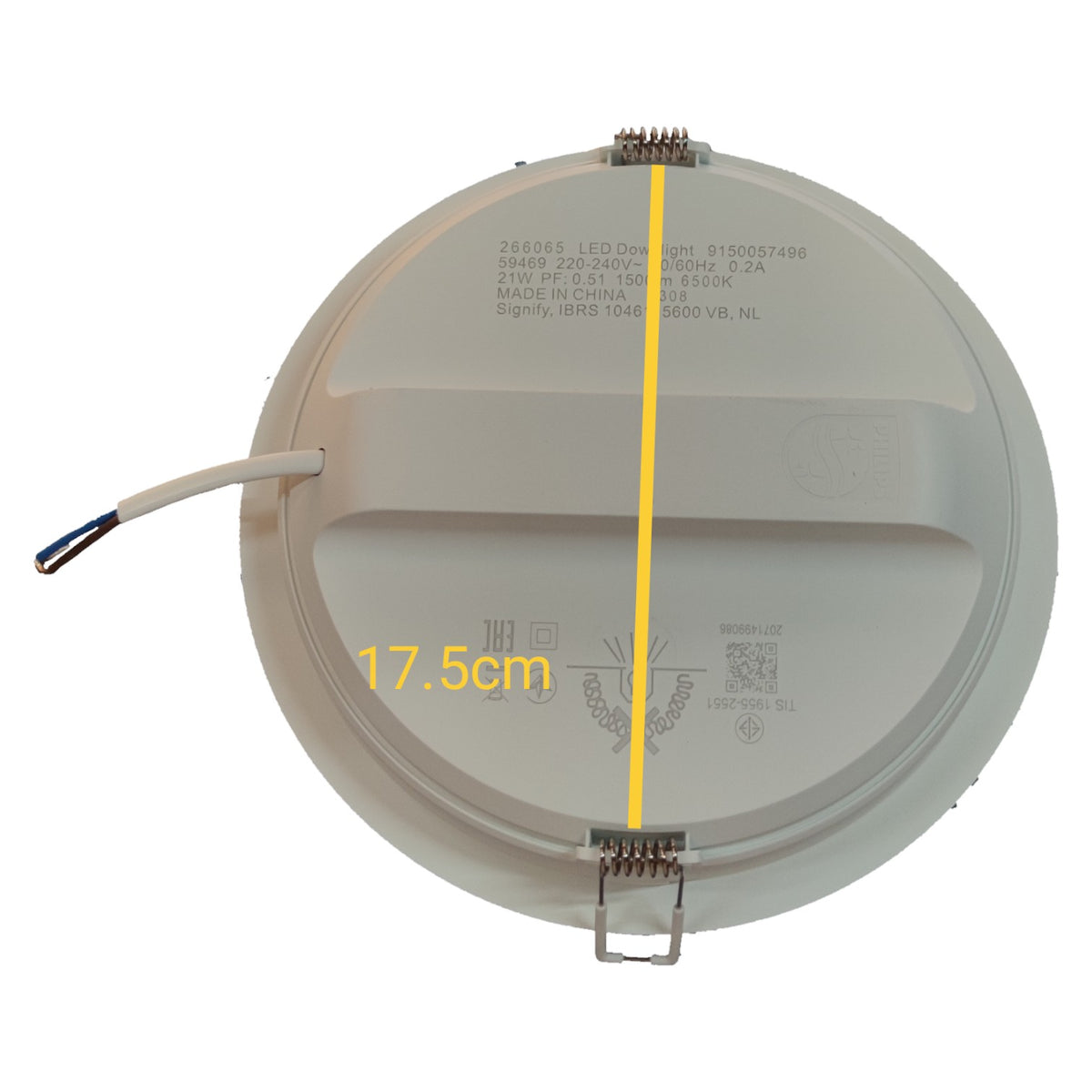 Round LED light fixture with visible wiring on a white background