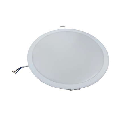 Round white LED panel light on a white background