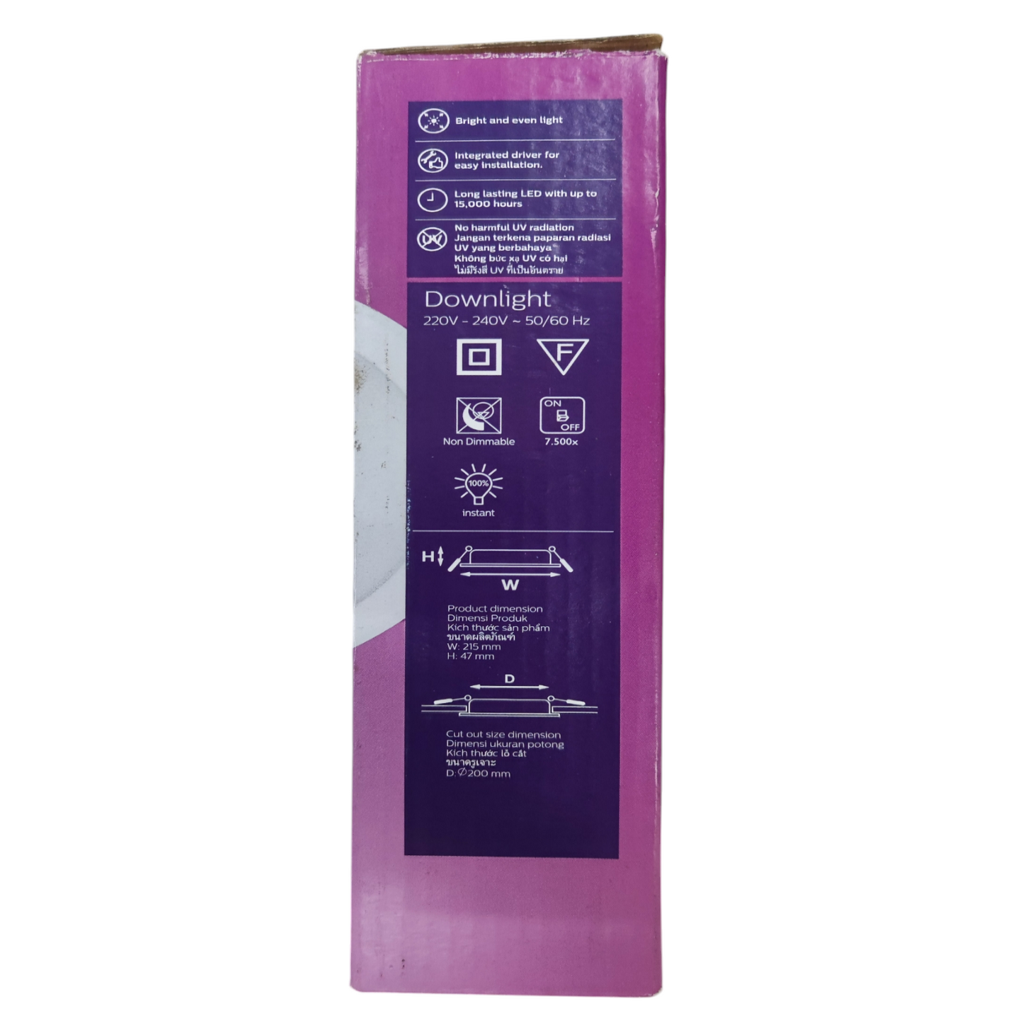 Purple packaging box with text and symbols on a white background