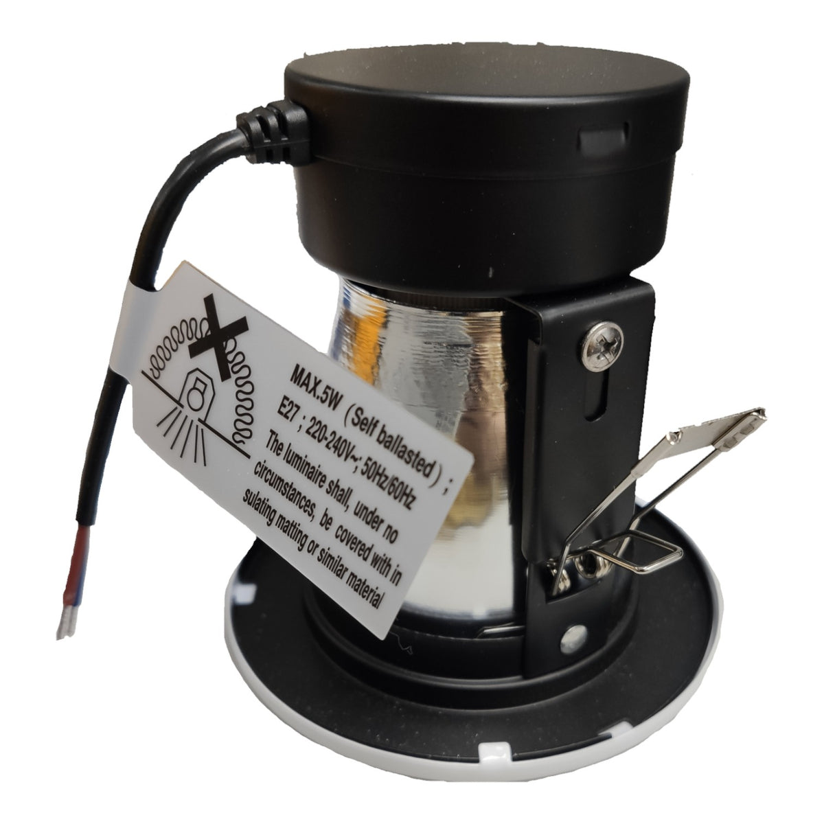 Black light fixture with wiring and label on a white background