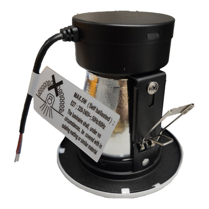 Black light fixture with wiring and label on a white background