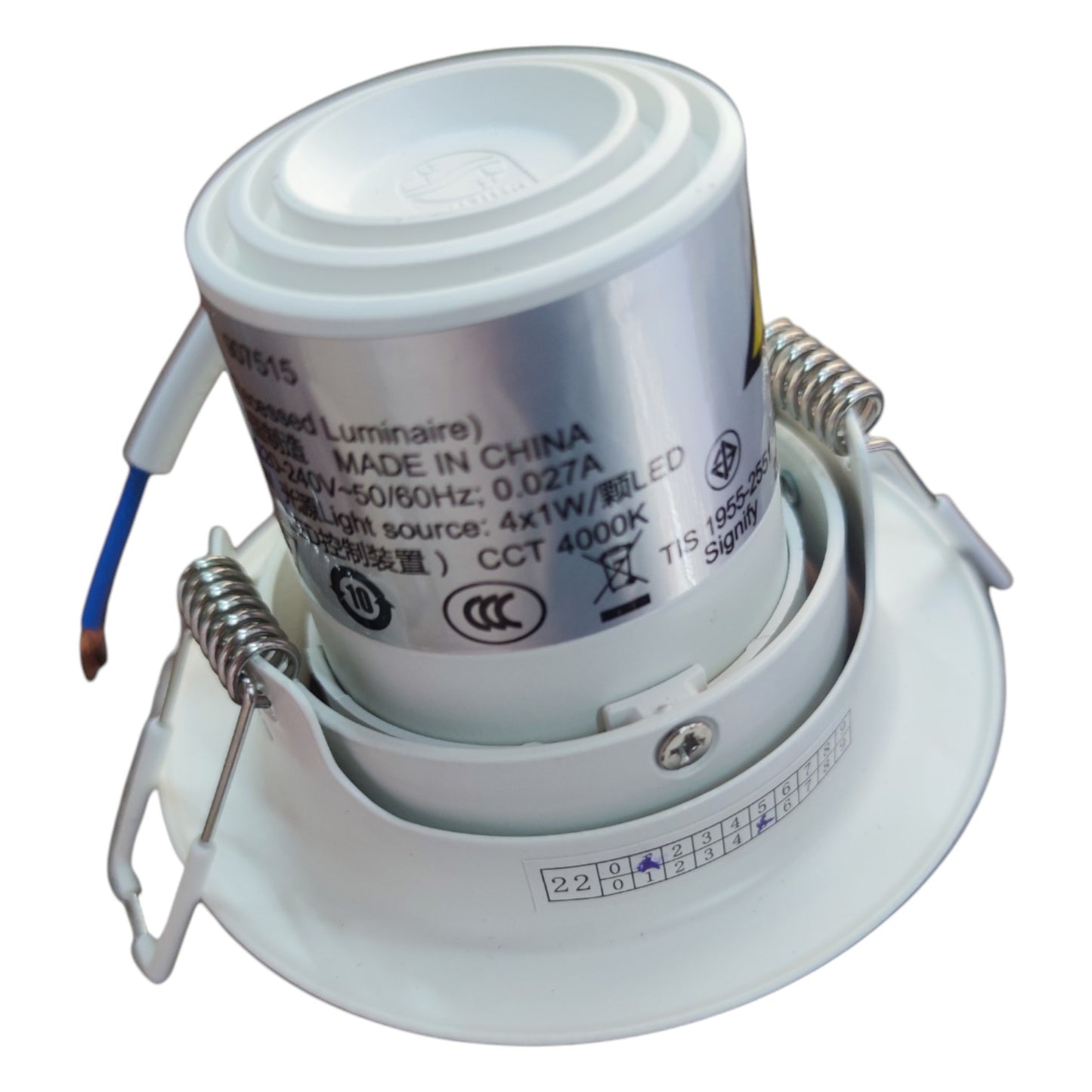 Light fixture with visible branding and specifications on a white background