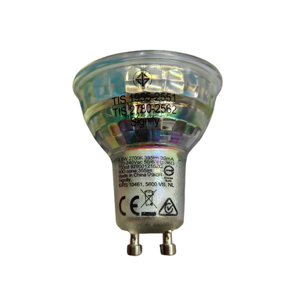 LED light bulb with visible branding and certification marks on a white background