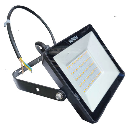 LED flood light with visible wiring on a white background