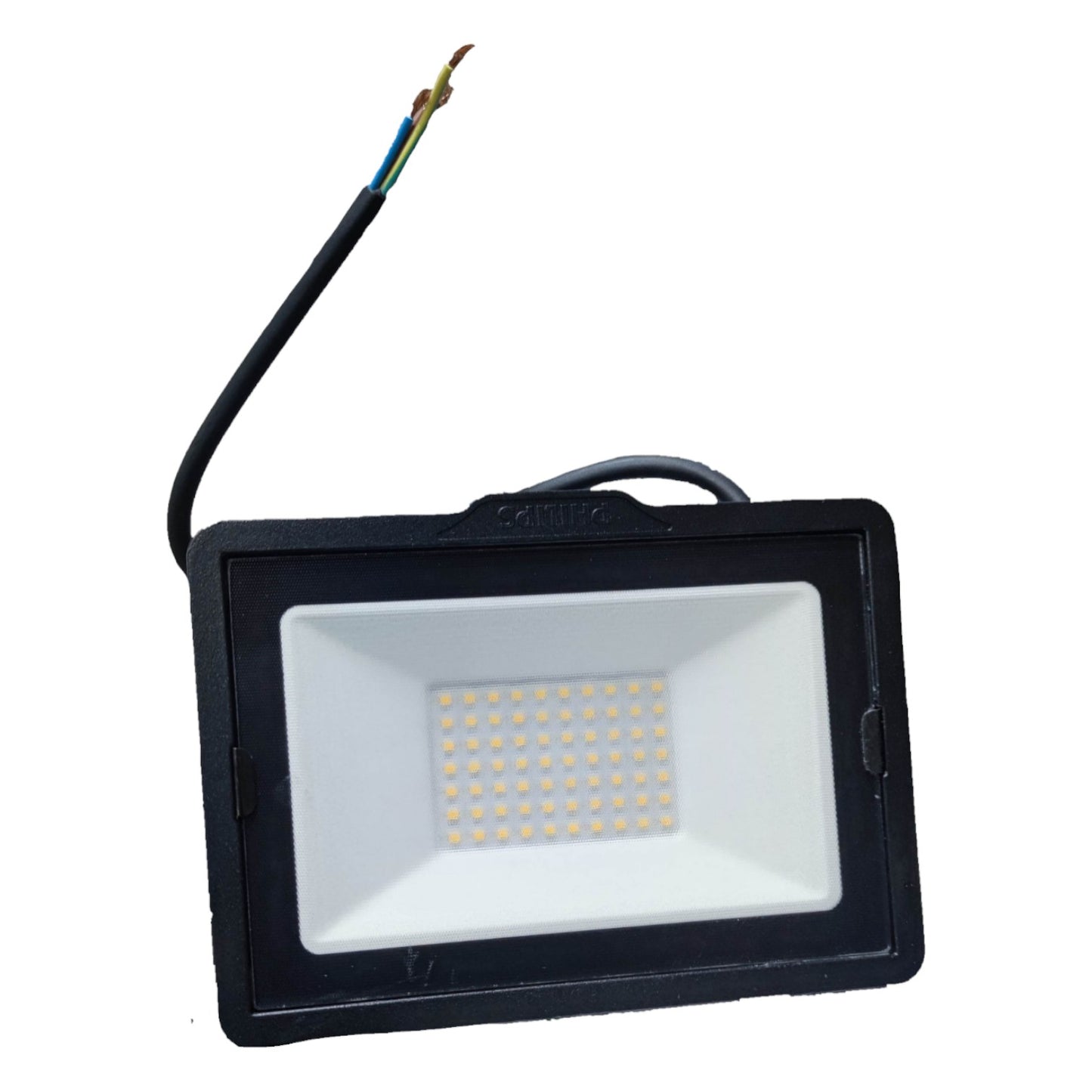 Black LED flood light with visible wiring on a white background