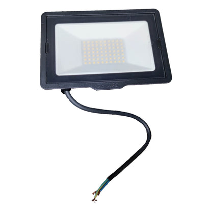 Black LED flood light with white bulb on a white background