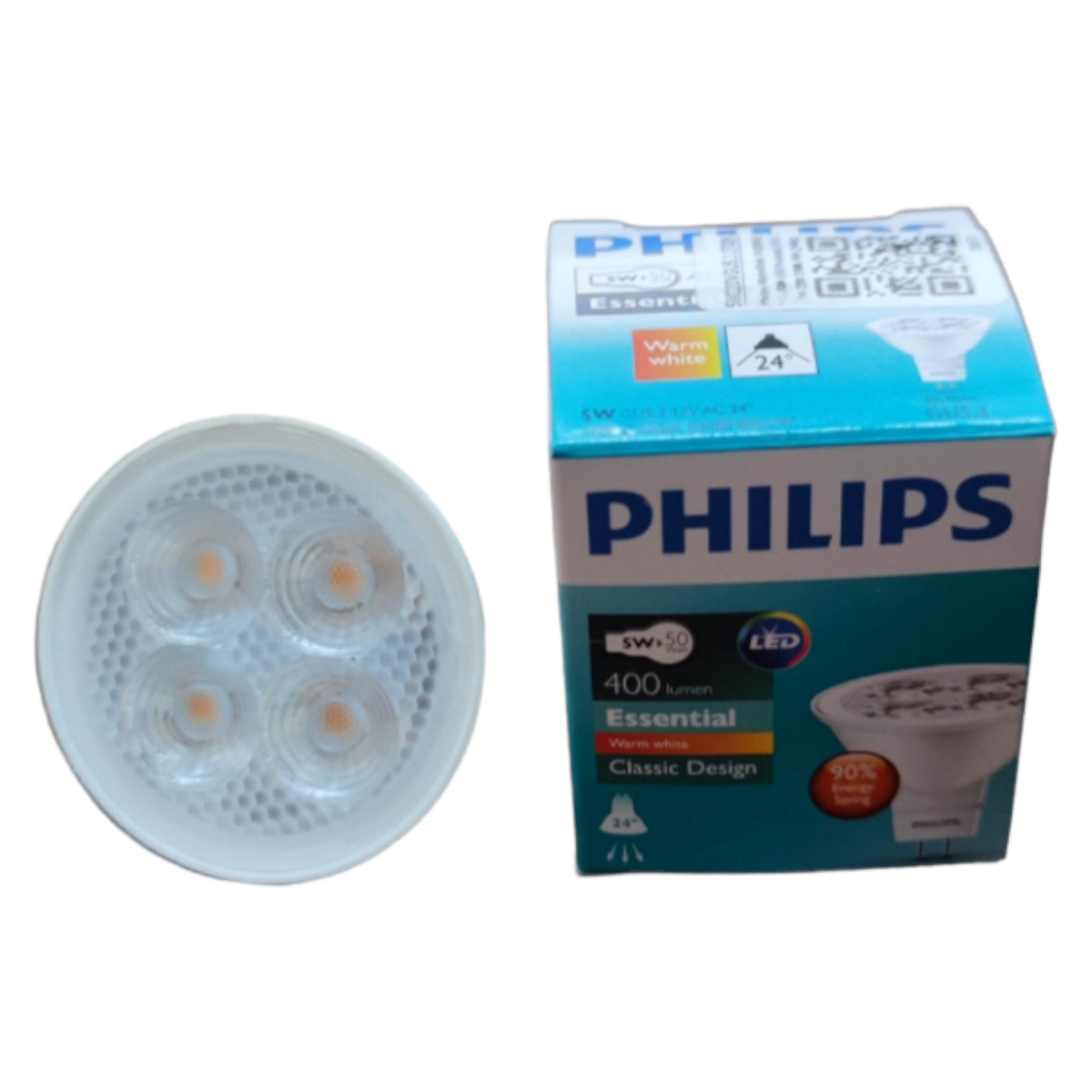 Philips LED bulb and its packaging on a white background