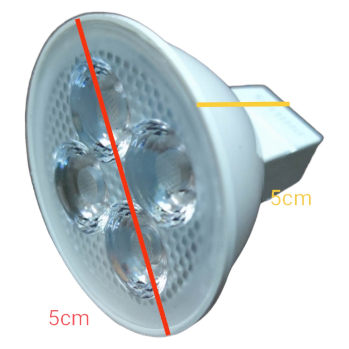 LED light bulb with measurements marked on a white background