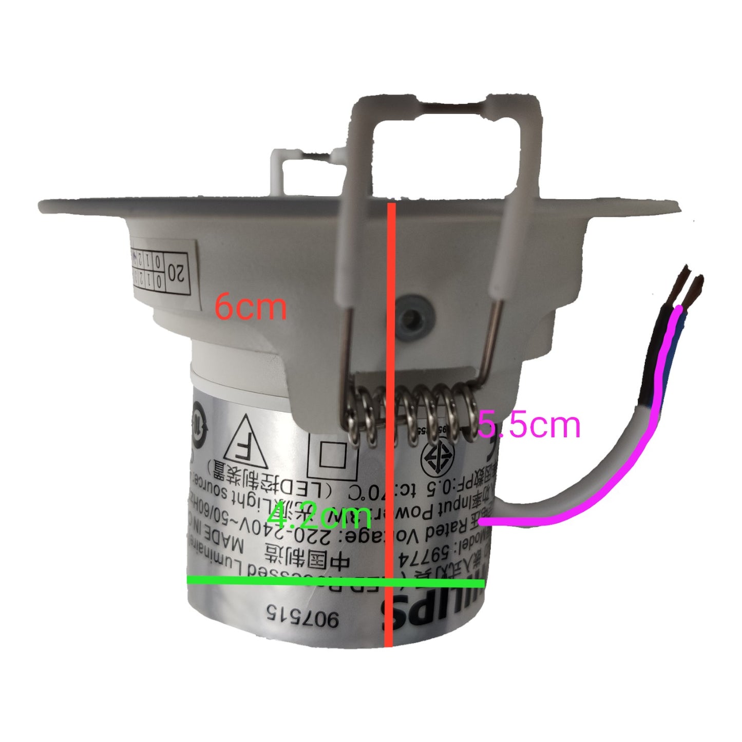Electrical component with labeled dimensions on a white background