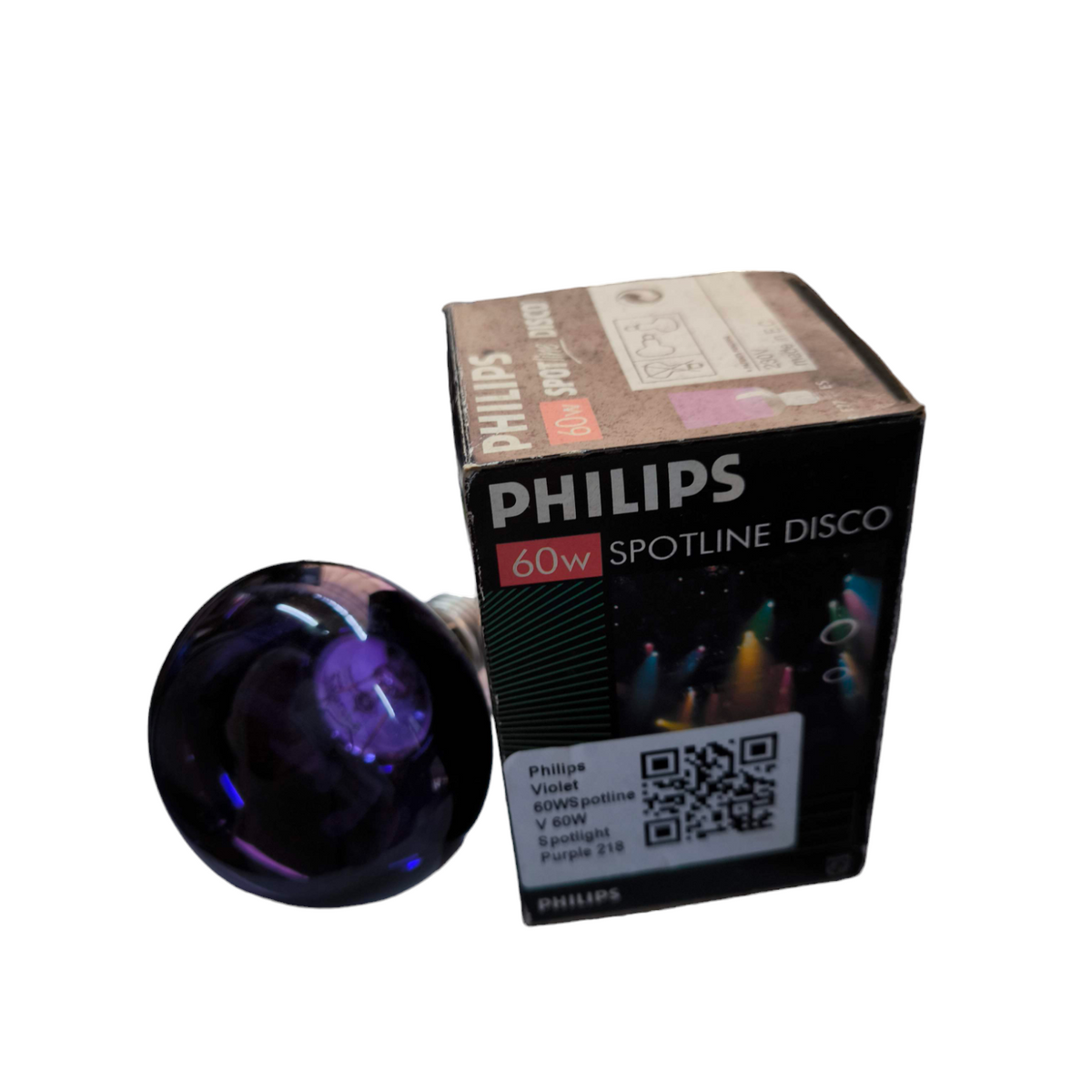 Philips 60W violet spotlight bulb with packaging box for incandescent spotlight disco lighting