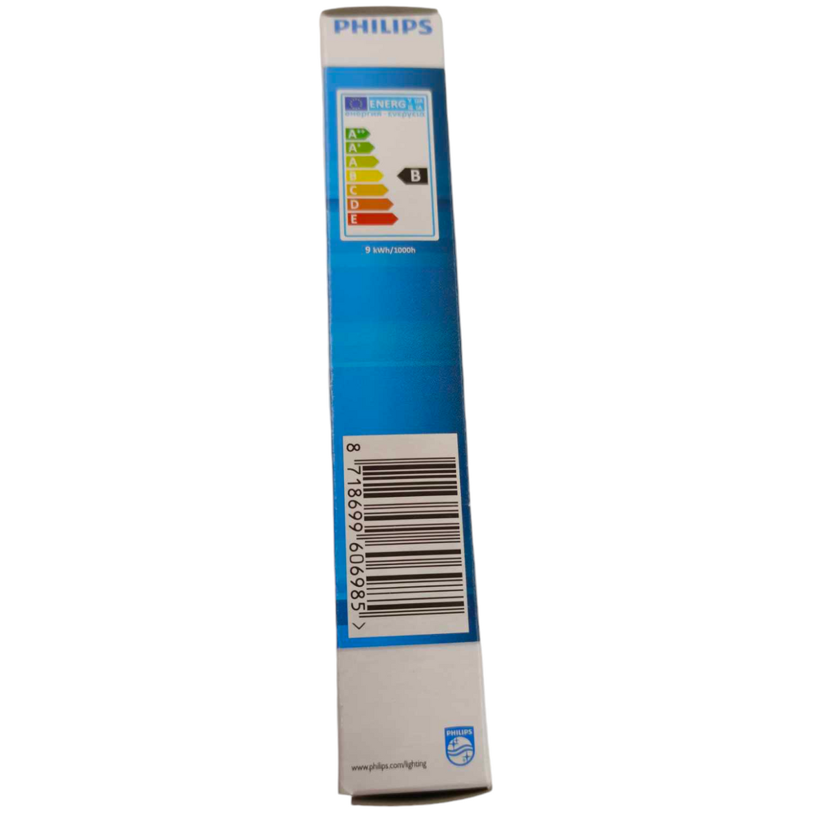 Philips packaging for 7W Pinlight Daylight G23 Socket compact fluorescent bulb with energy efficiency label