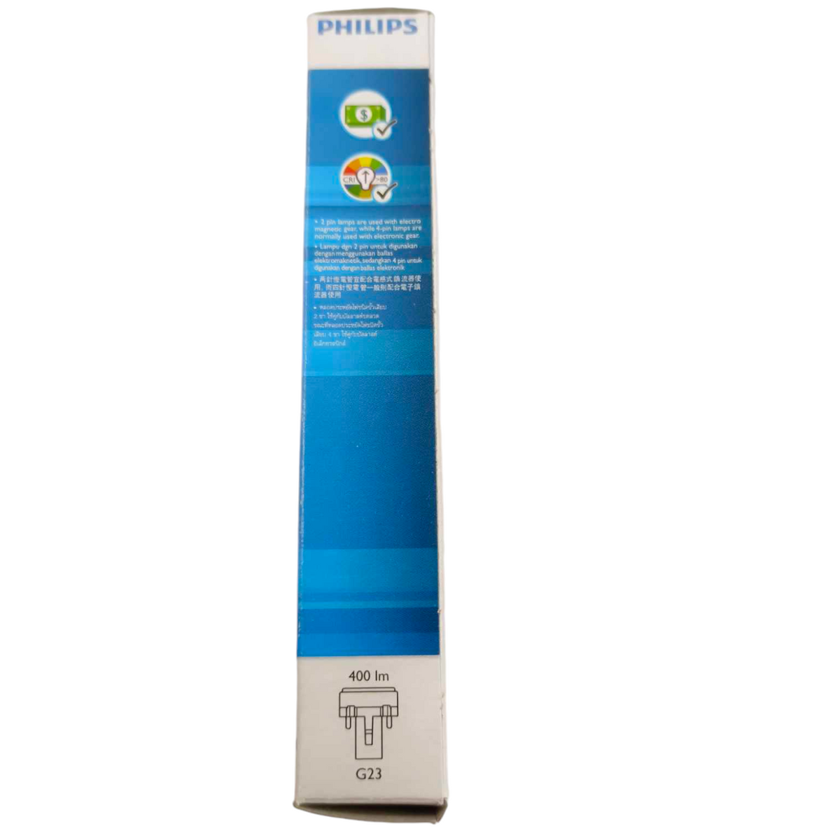 Philips 7W Pinlight Daylight G23 Socket compact fluorescent bulb packaging with energy saving icons