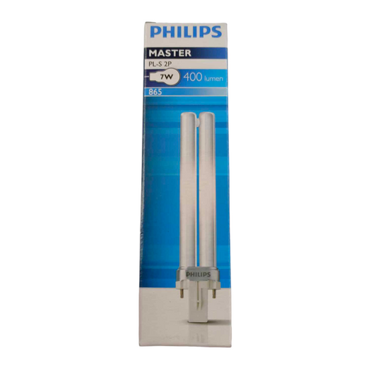 Philips 7W Pinlight Daylight G23 Socket compact fluorescent bulb packaging with two bulbs