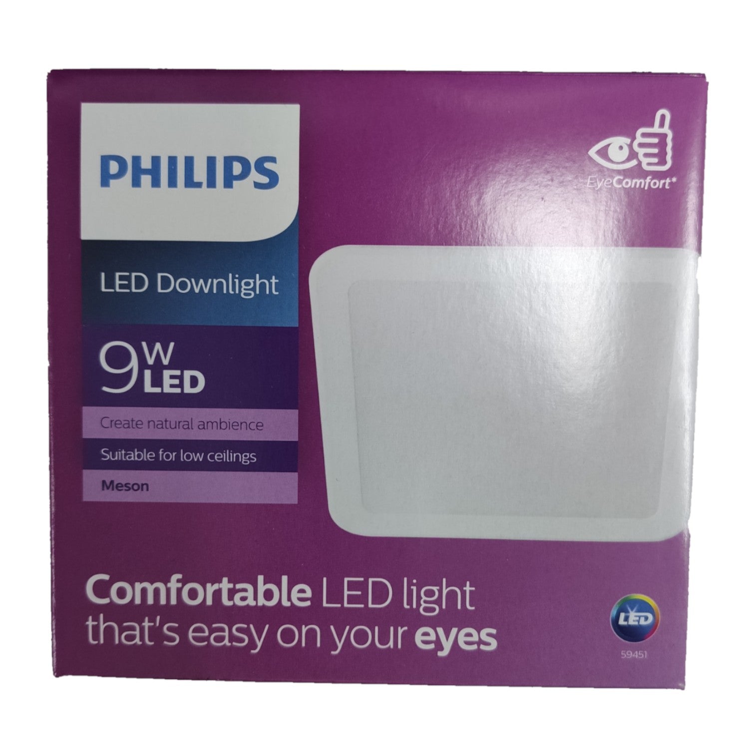 Philips LED Downlight packaging with purple and white design