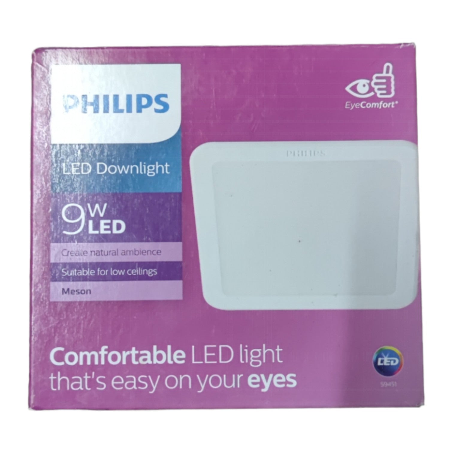 Philips LED Downlight packaging with purple background and white text