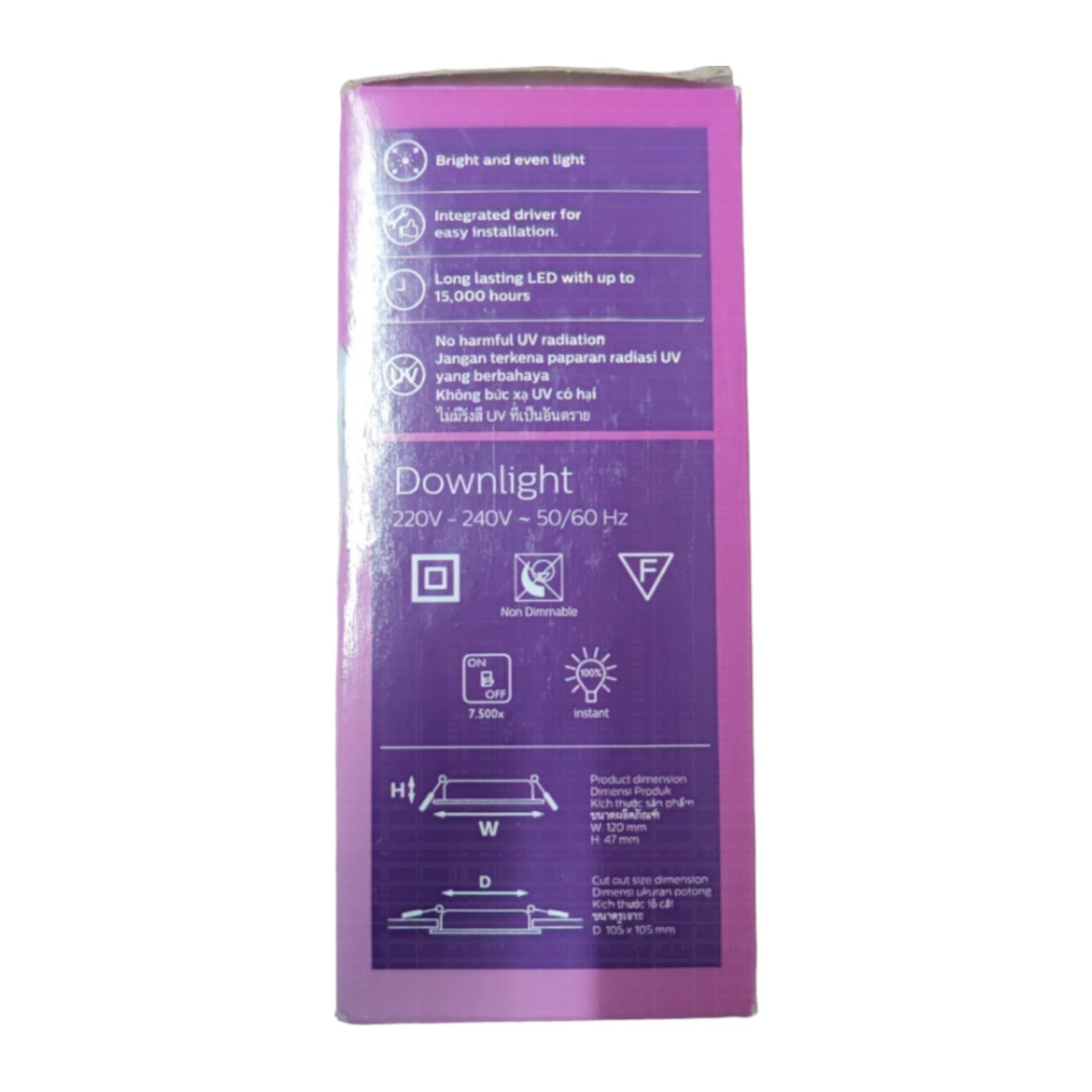 Purple packaging of a Downlight with text and icons on a white background