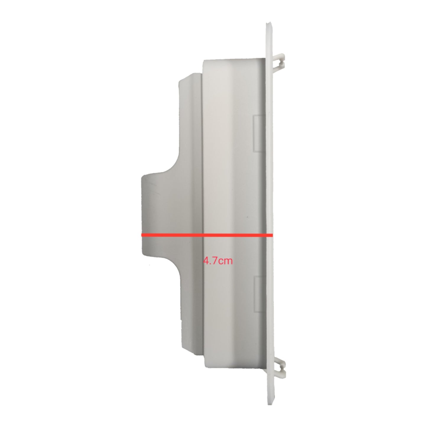 Metallic object with a red measurement line and text on a white background