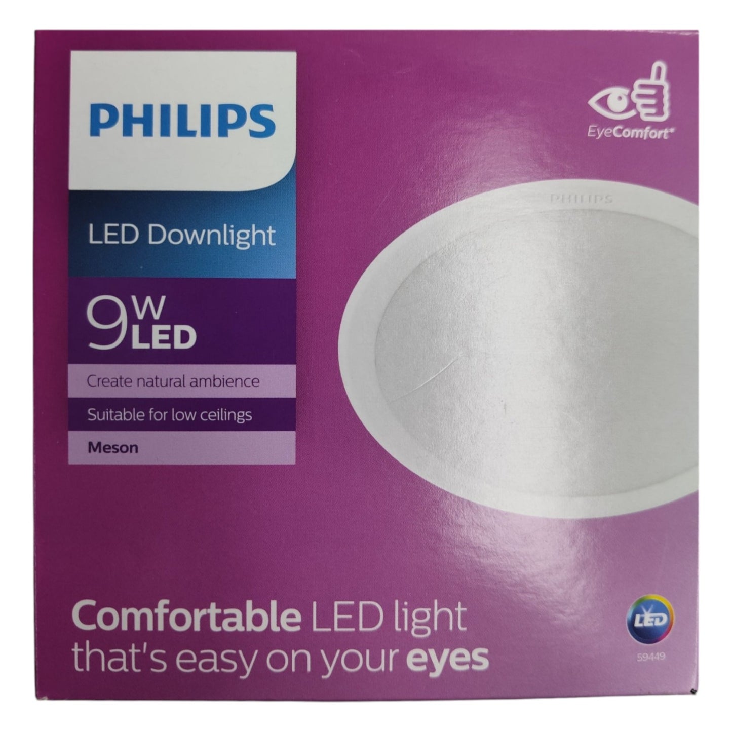 Philips LED Downlight packaging with purple background and white light fixture image.