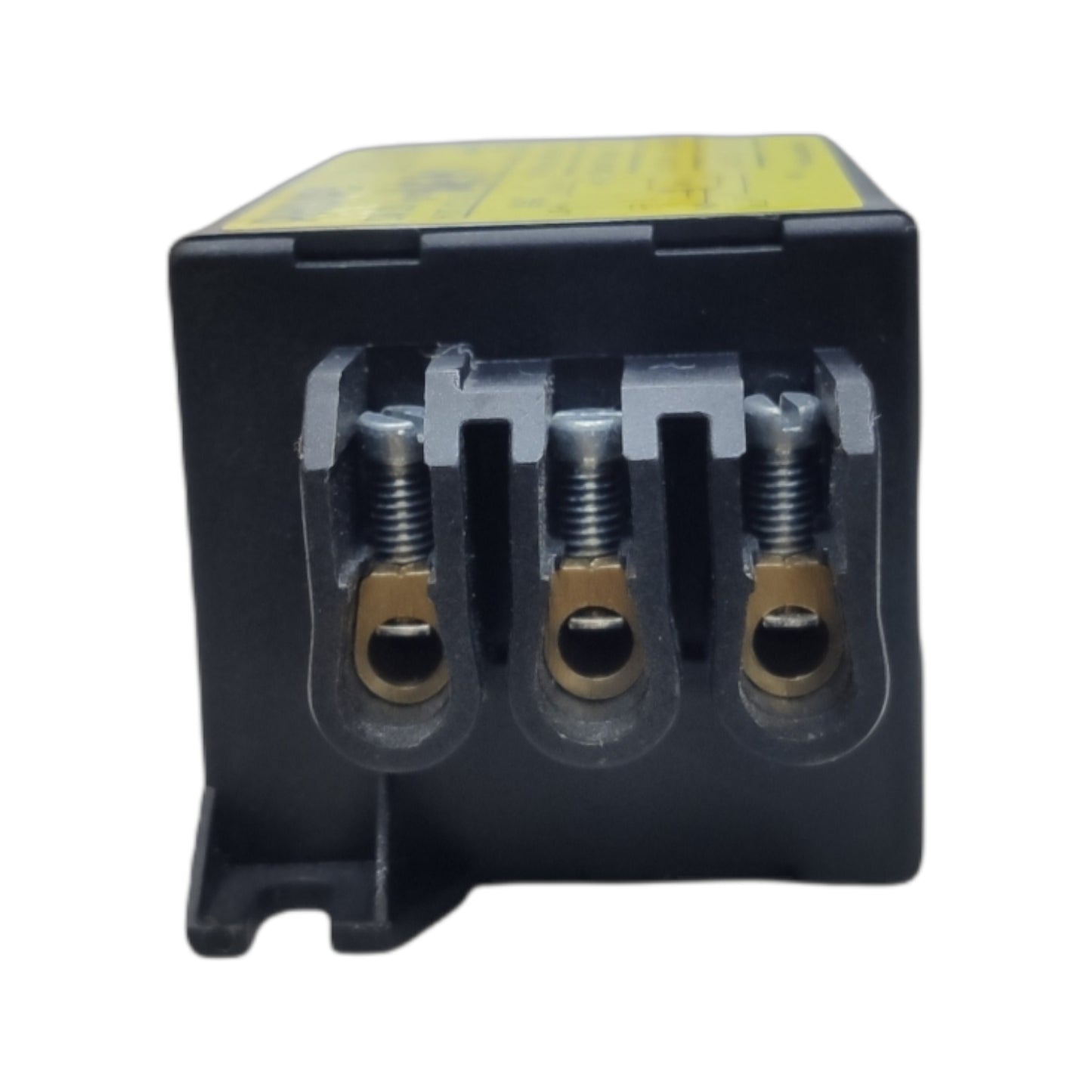 Black electrical component with three threaded holes on a white background