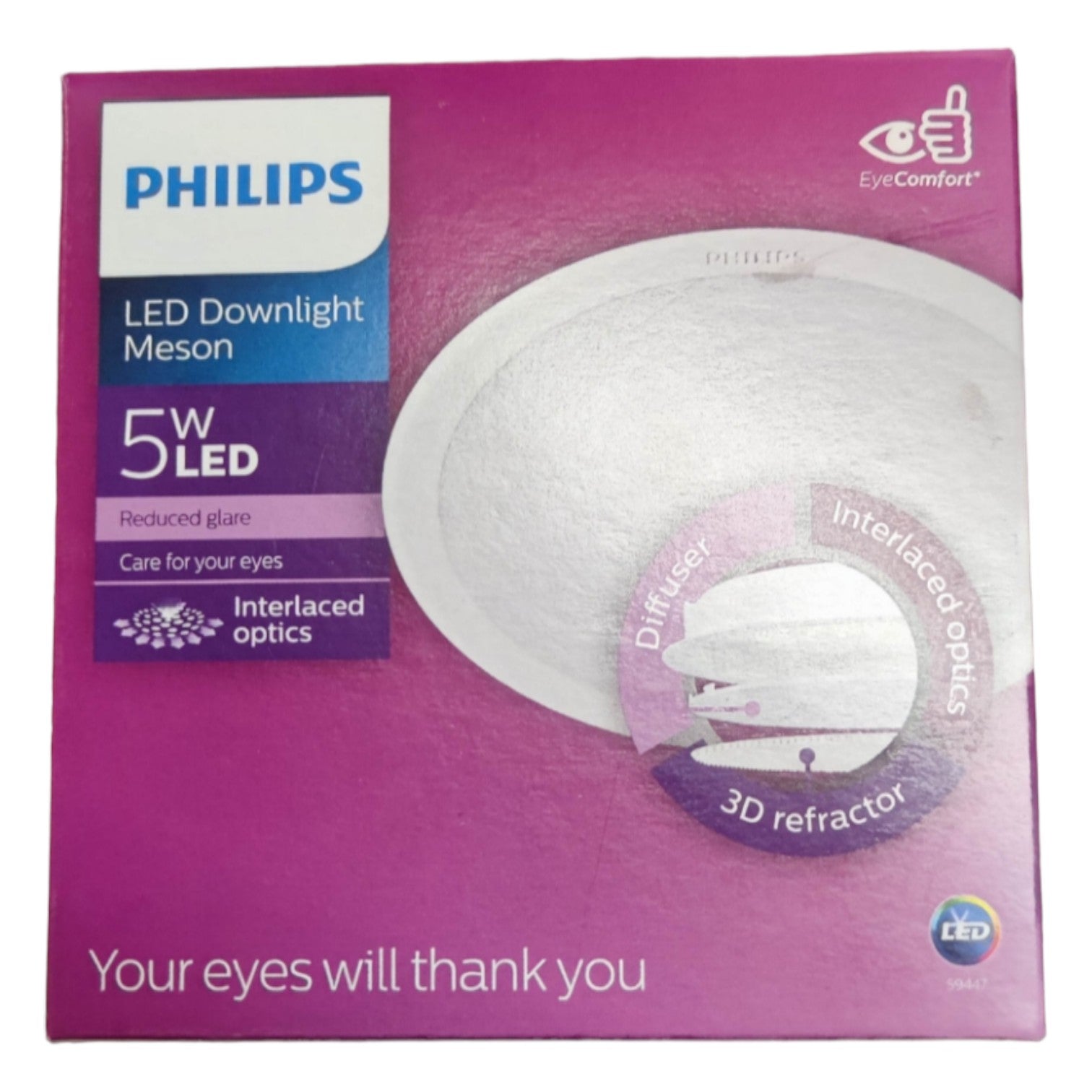 Philips LED downlight packaging with purple background