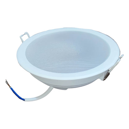White round light fixture with a blue wire on a white background
