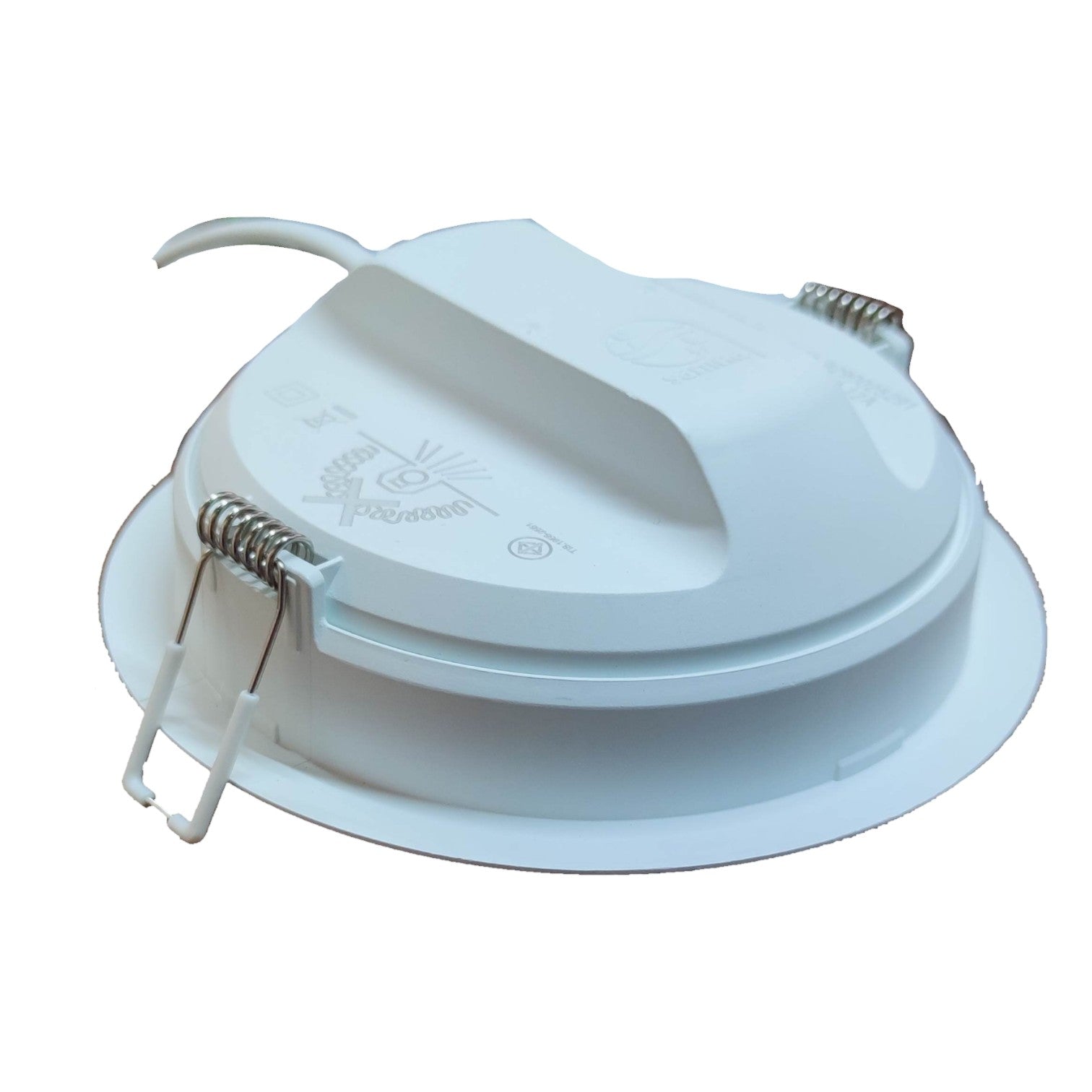 White plastic component with a spring on a white background