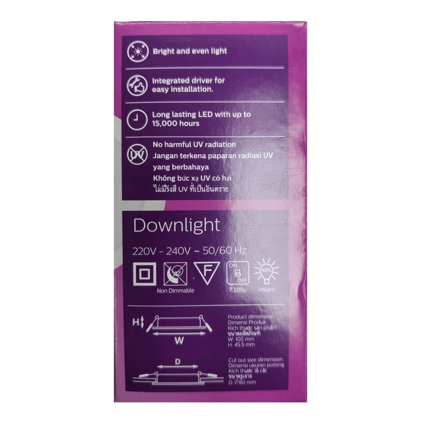 Purple packaging of a downlight with text and icons on a white background