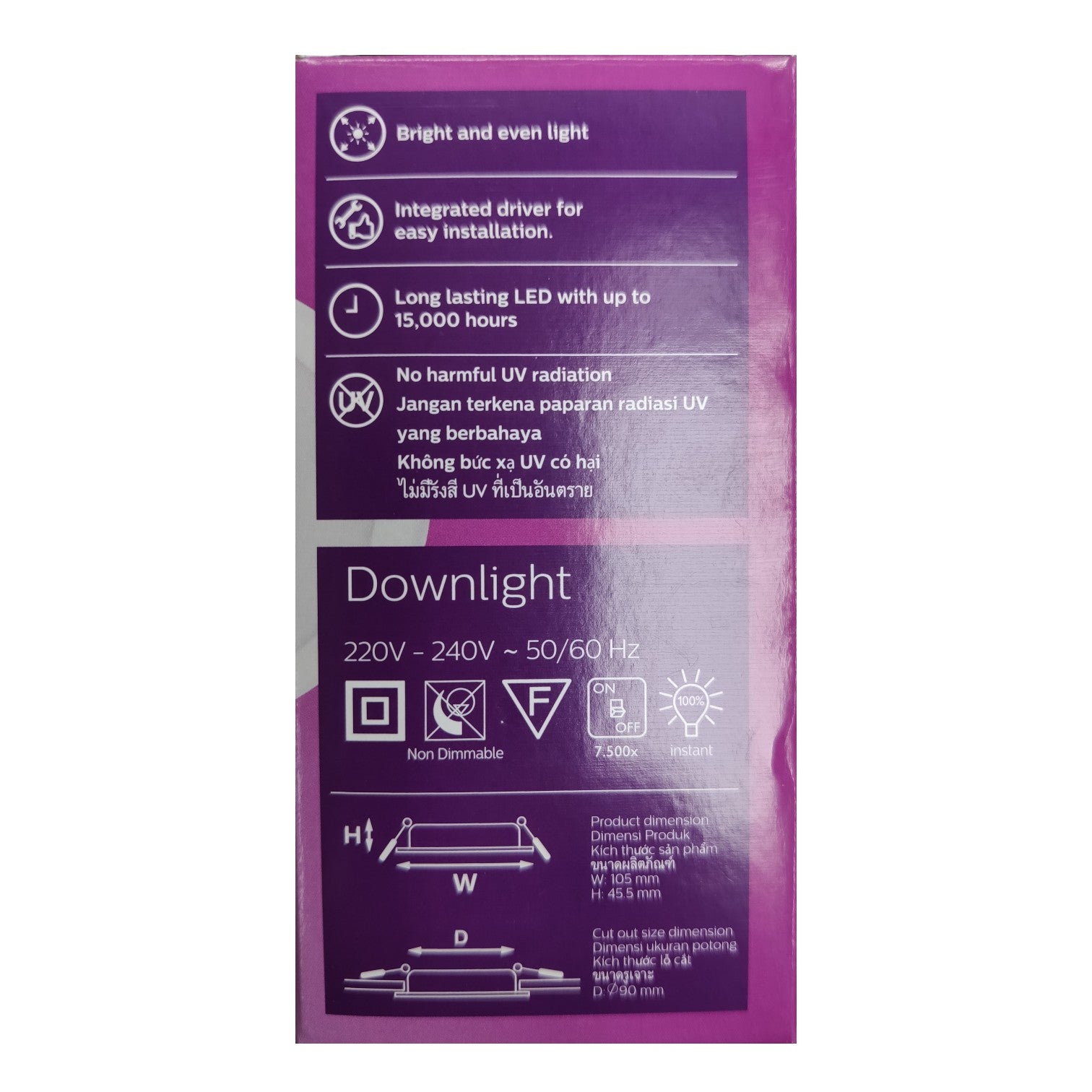 Purple packaging of a downlight with text and icons on a white background