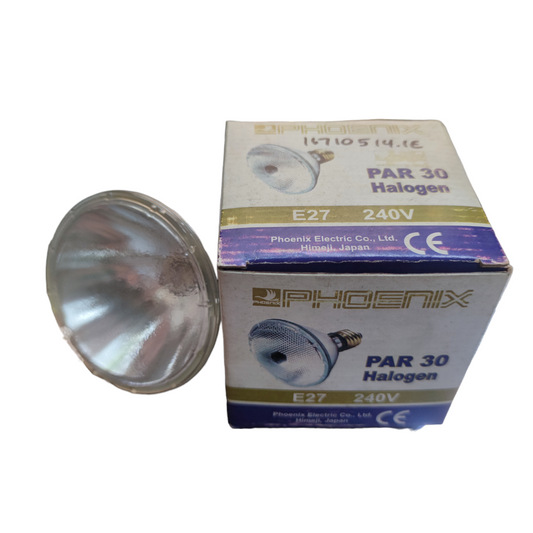 Philips Par 30 75W E27 220V halogen bulb with reflective surface next to its box packaging
