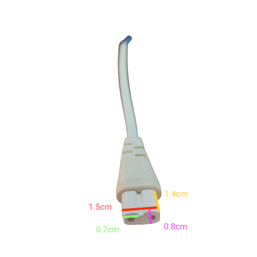 White Philips T5 batten connector wire adapter with measurements on black background