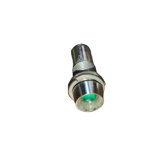 Metallic cylindrical component with a green light on a white background Pilot Lamp 8mm 220V Metal Casing Electx Electrical Supply