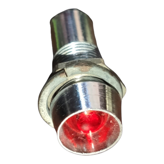 A small cylindrical metal indicator light with a red lens and visible red illumination, shown on a plain white background.