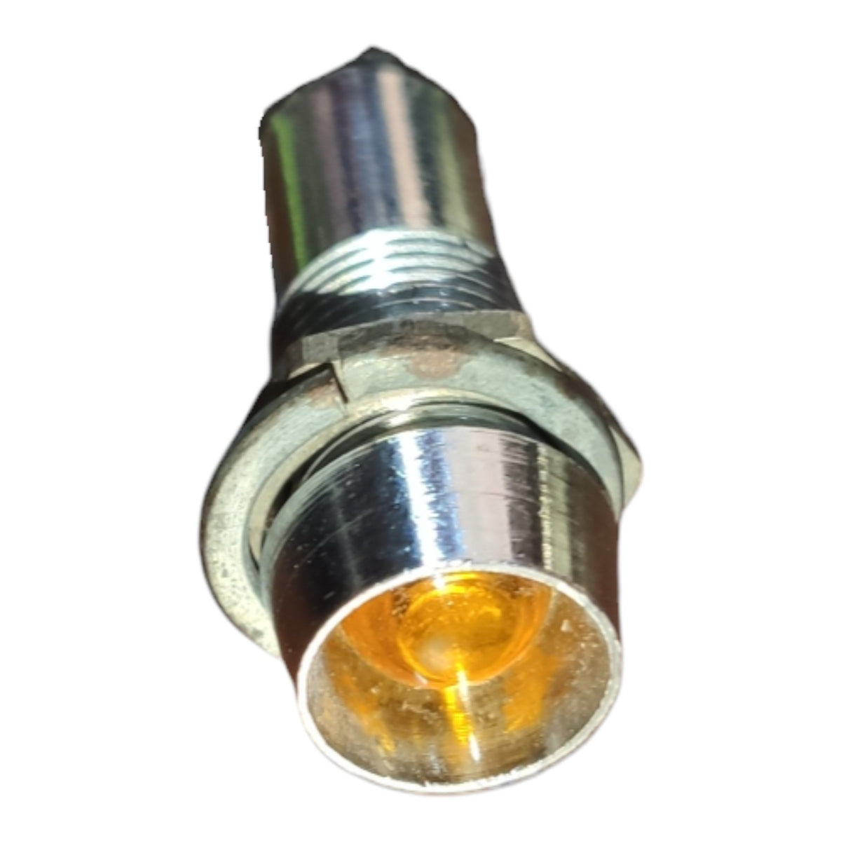 A small cylindrical metal socket or connector with a threaded body, a silver metallic collar, and a clear lens covering an amber/yellow internal element, isolated on a white background.