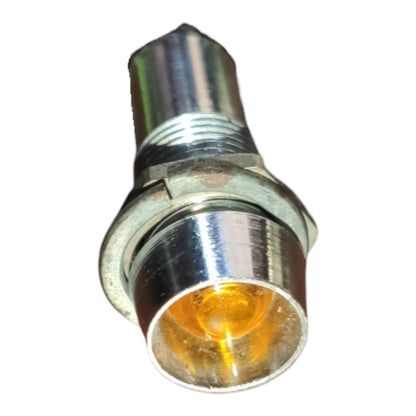 A small cylindrical metal socket or connector with a threaded body, a silver metallic collar, and a clear lens covering an amber/yellow internal element, isolated on a white background.