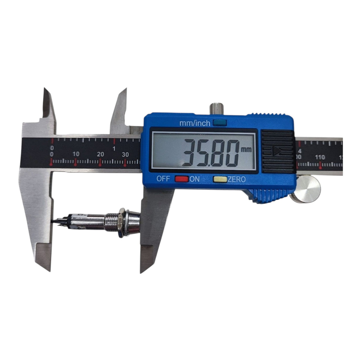 Digital caliper with a blue plastic housing and silver metal jaws, displaying 35.00 mm on a digital screen, shown on a plain white background.