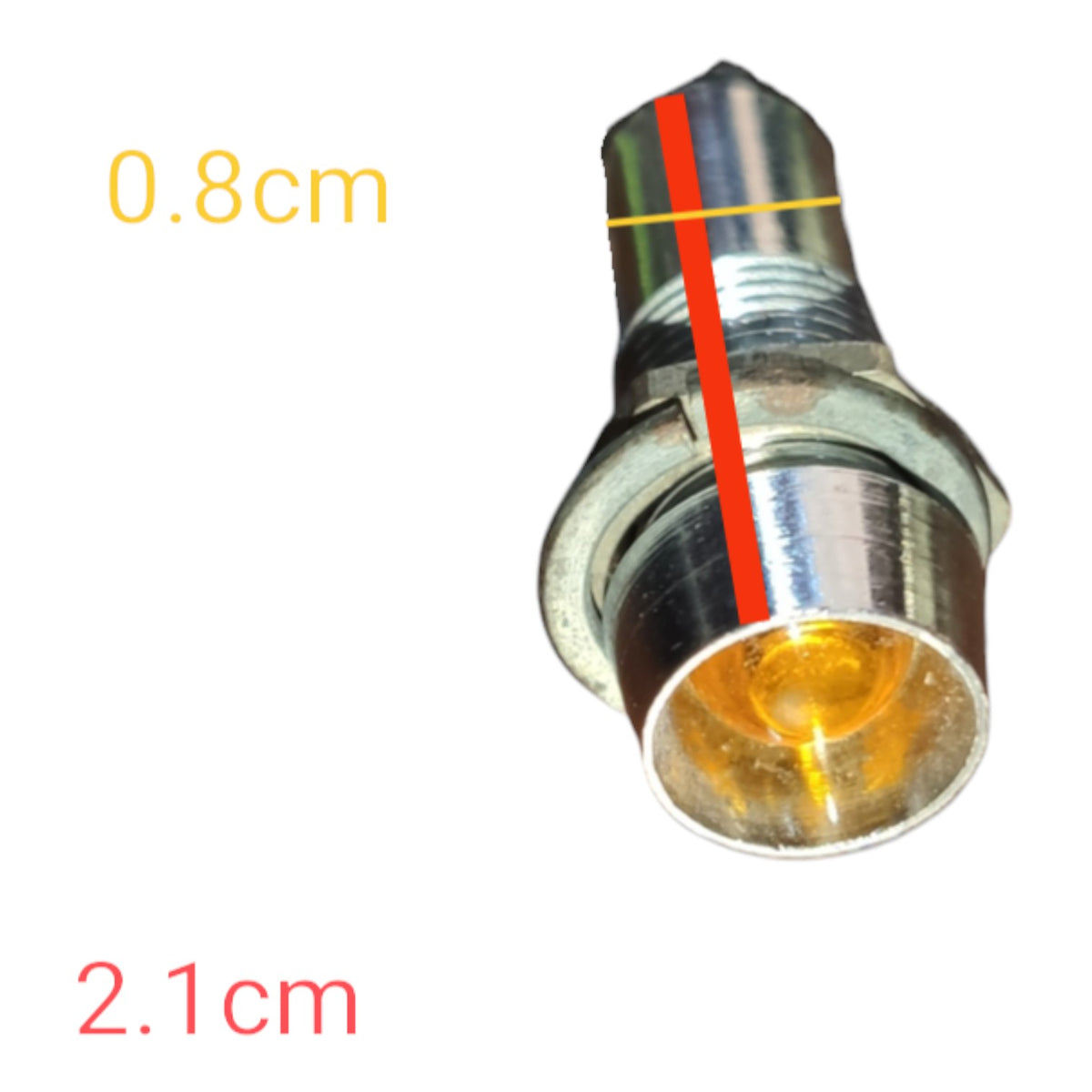 A small metallic cylindrical component with a yellow reflective end, shown on a white background with overlaid dimension labels reading 0.8cm and 2.