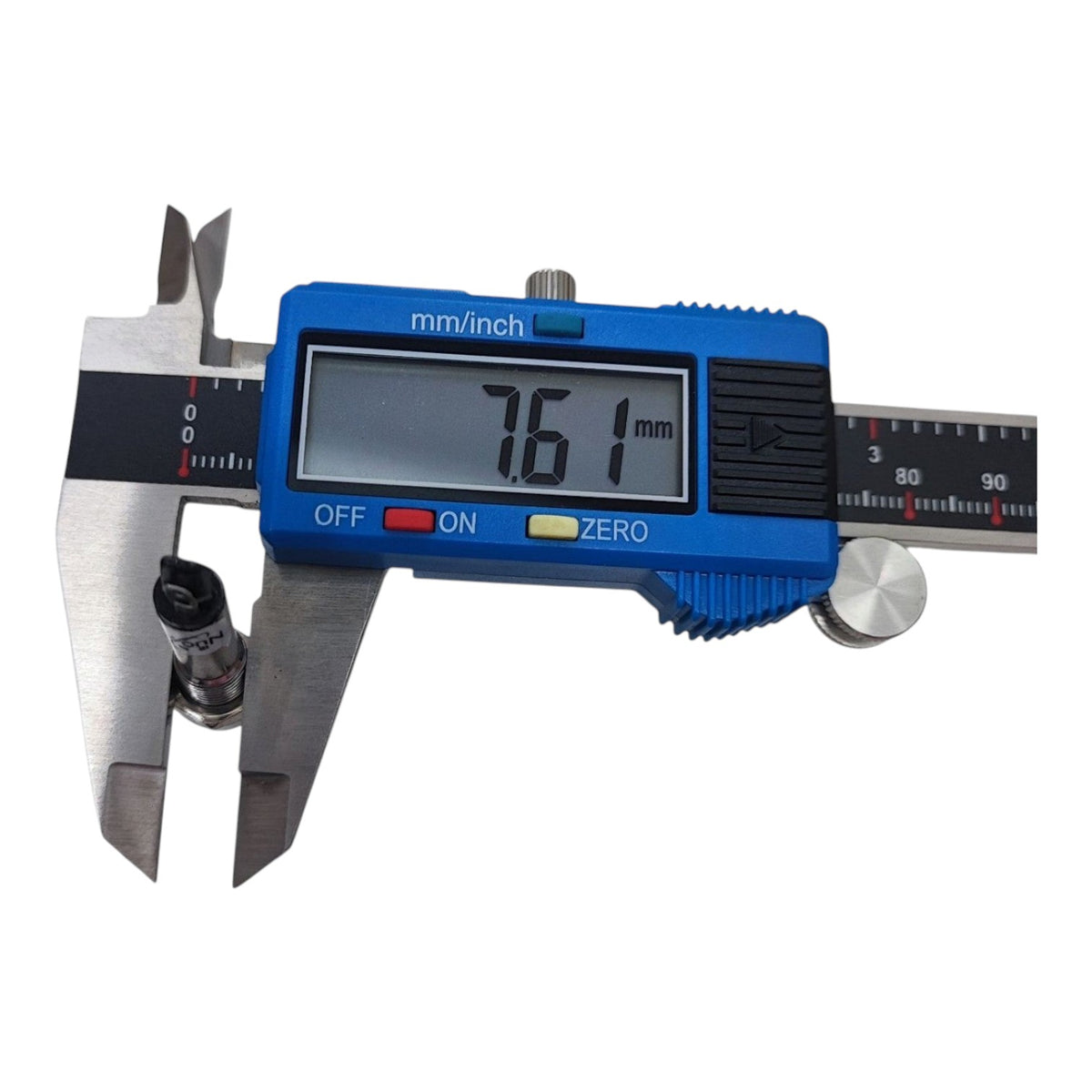 Digital caliper with a blue plastic body and stainless steel jaws, featuring a digital LCD display showing 7.61 mm, photographed on a solid white background.