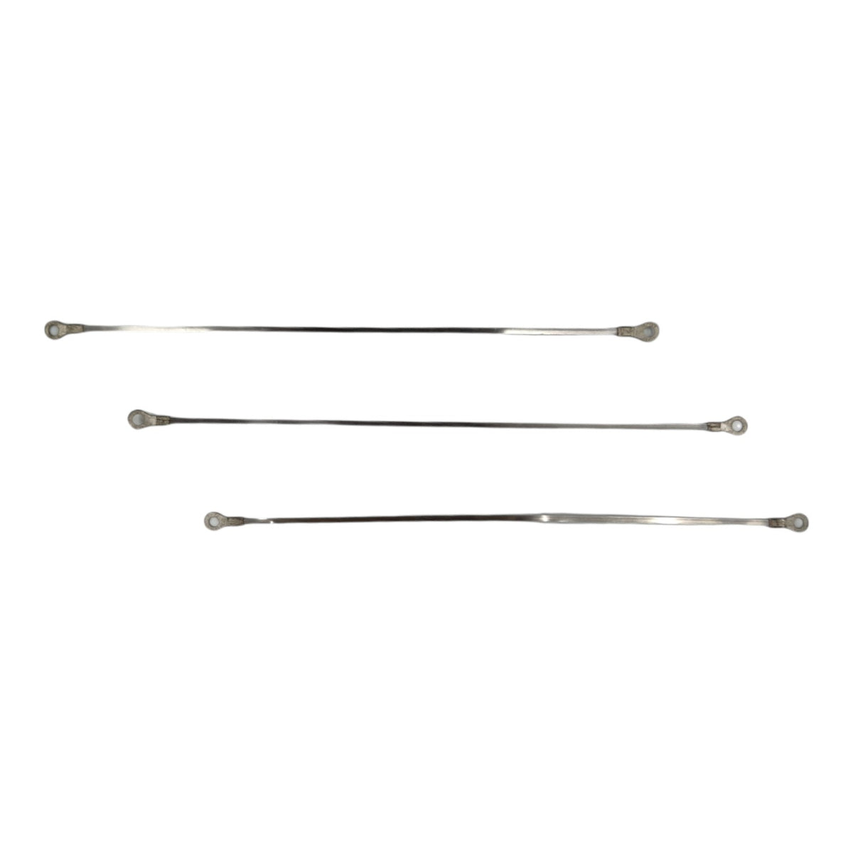 Three long, thin metallic rod-like tools with rounded ends, arranged horizontally on a plain white background.
