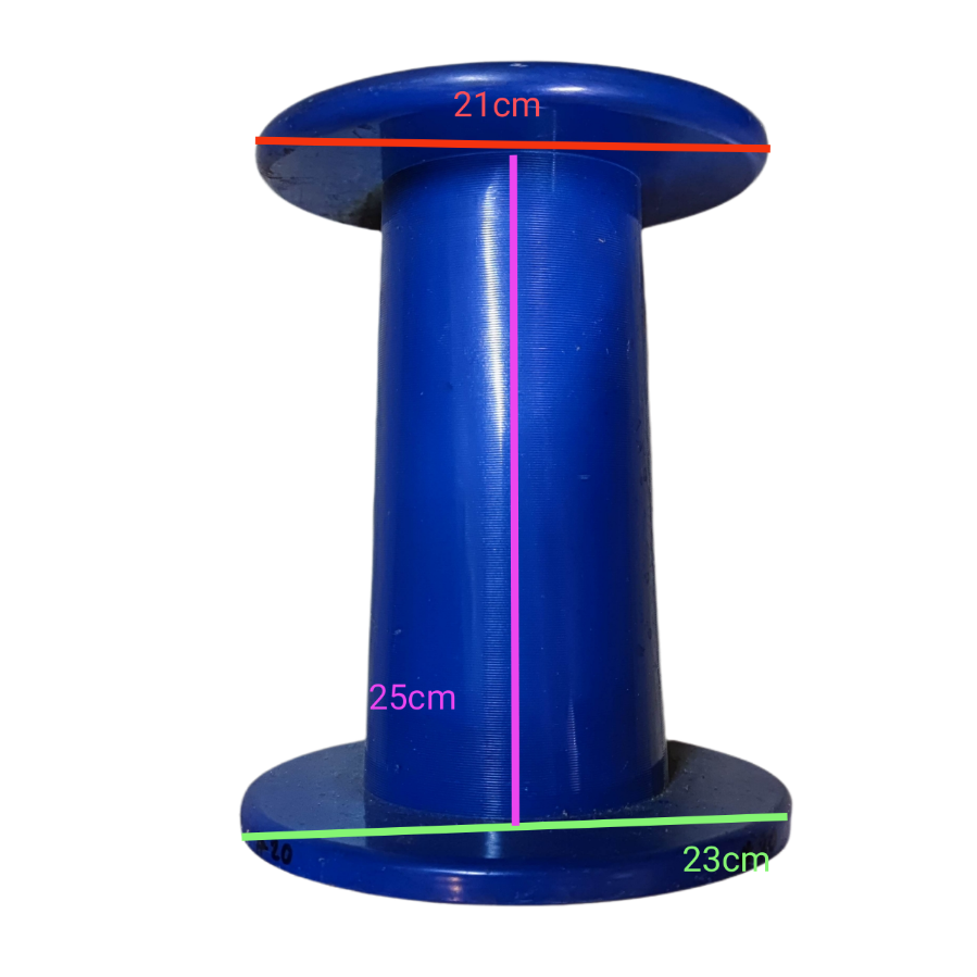 Blue 25kg plastic spool for wire, measuring 25cm in height and 21cm in diameter