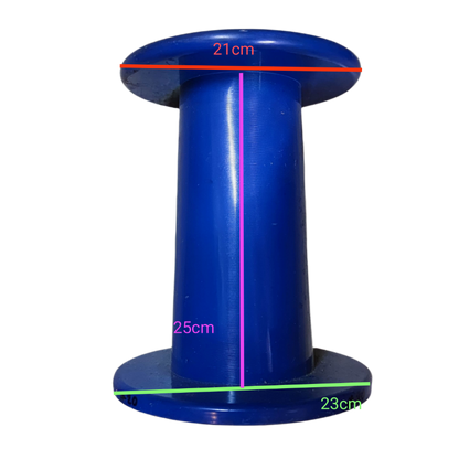 Blue 25kg plastic spool for wire, measuring 25cm in height and 21cm in diameter