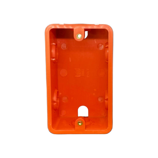 An orange molded plastic electrical junction box cover with pre-drilled screw terminals and mounting holes, shown against a plain white background.