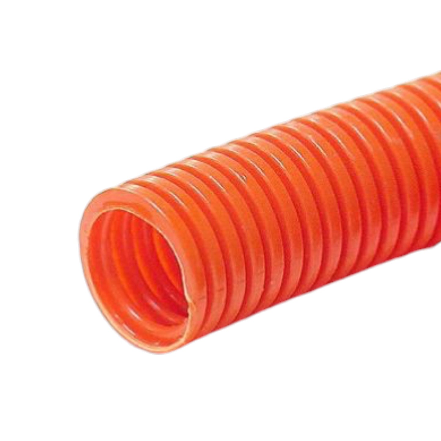 An orange corrugated plastic hose or tube shown in a close-up diagonal view against a plain white background.